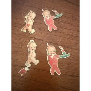 Vintage Bisque Kewpie Flat Ornament Set Of  4 Christmas Paper Holiday Tree Decor